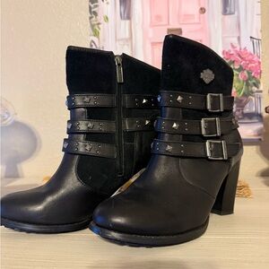 Harley-Davidson Black Studded Triple-Buckle Leather & Suede Ankle Boots